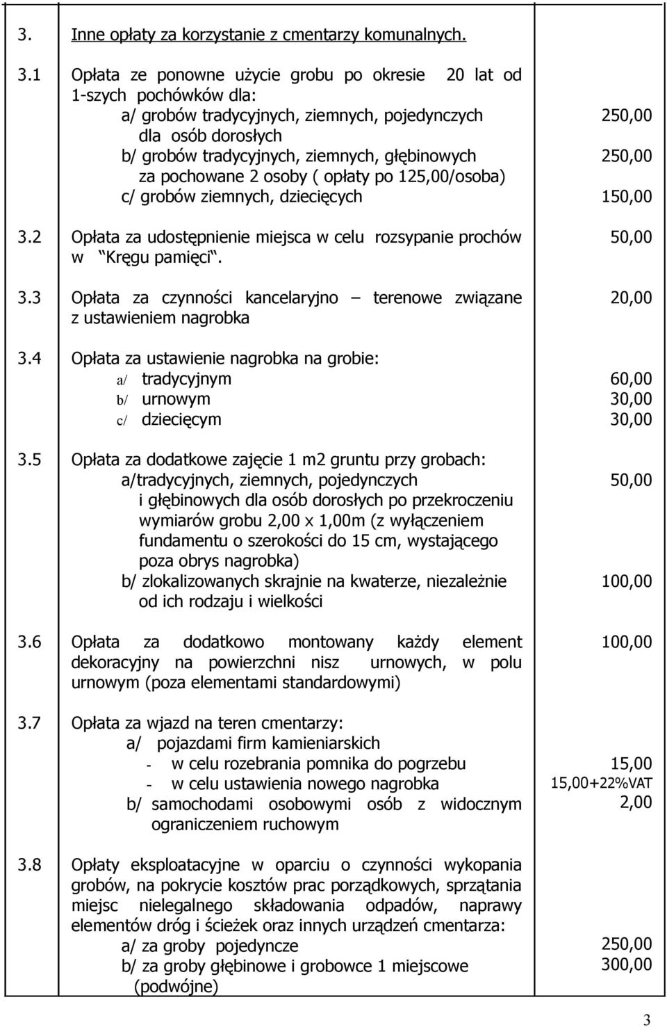 2 osoby ( opłaty po 125,00/osoba) c/ grobów ziemnych, dziecięcych Opłata za udostępnienie miejsca w celu rozsypanie prochów w Kręgu pamięci.