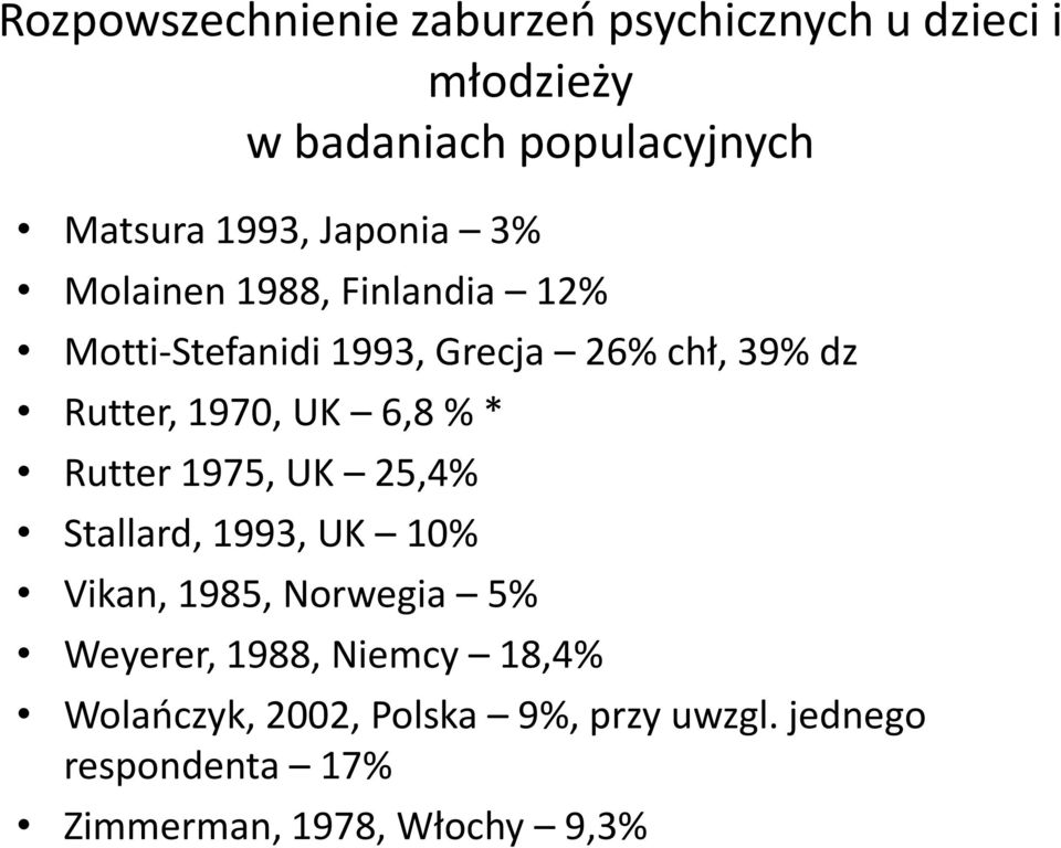 UK 6,8 % * Rutter 1975, UK 25,4% Stallard, 1993, UK 10% Vikan, 1985, Norwegia 5% Weyerer, 1988,