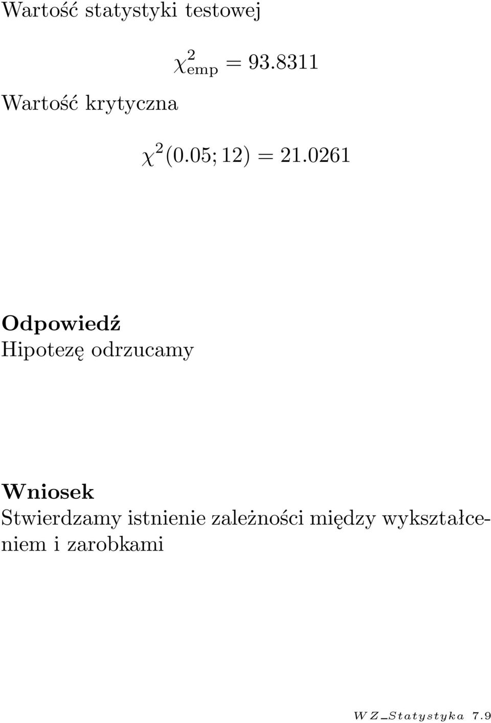 0261 Odpowiedź Hipotezę odrzucamy Wniosek