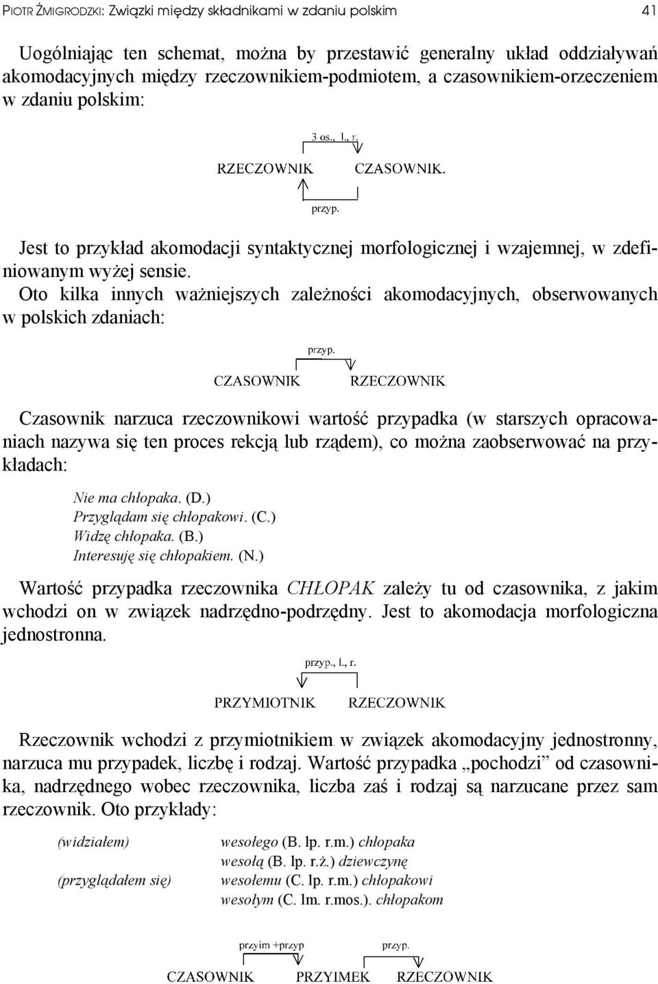 Oto kilka innych ważniejszych zależności akomodacyjnych, obserwowanych w polskich zdaniach: Czasownik narzuca rzeczownikowi wartość przypadka (w starszych opracowaniach nazywa się ten proces rekcją