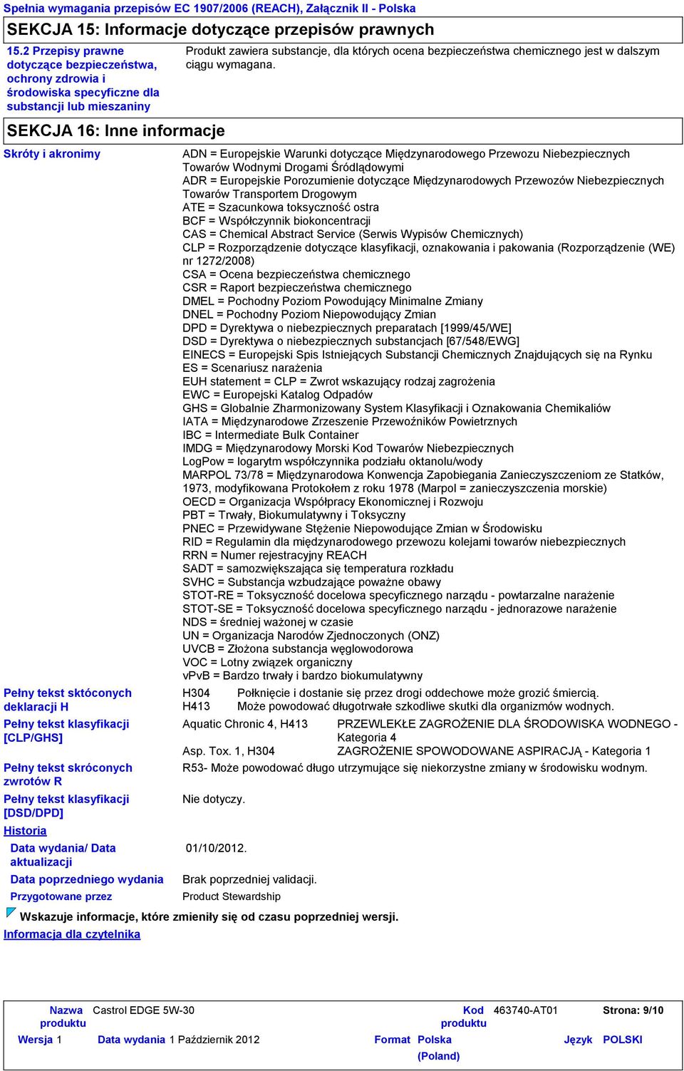 Pełny tekst klasyfikacji [CLP/GHS] Pełny tekst skróconych zwrotów R Pełny tekst klasyfikacji [DSD/DPD] Historia Data wydania/ Data aktualizacji Data poprzedniego wydania Przygotowane przez Informacja