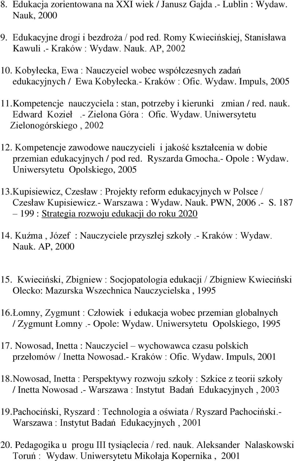 Edward Kozieł.- Zielona Góra : Ofic. Wydaw. Uniwersytetu Zielonogórskiego, 2002 12. Kompetencje zawodowe nauczycieli i jakość kształcenia w dobie przemian edukacyjnych / pod red. Ryszarda Gmocha.