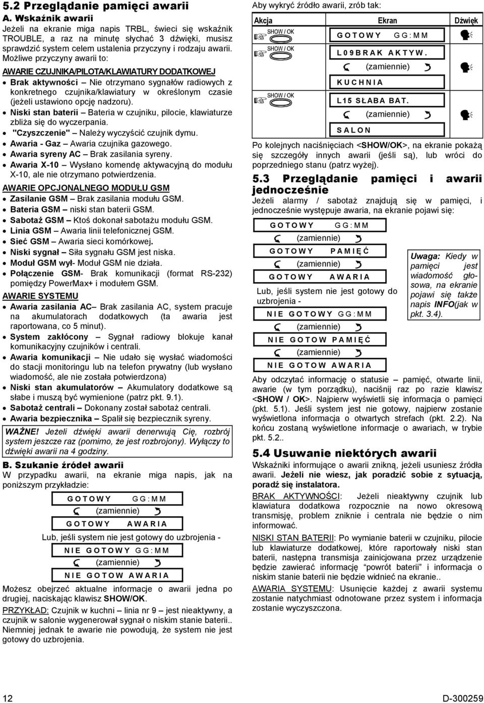 Możliwe przyczyny awarii to: AWARIE CZUJNIKA/PILOTA/KLAWIATURY DODATKOWEJ Brak aktywności Nie otrzymano sygnałów radiowych z konkretnego czujnika/klawiatury w określonym czasie (jeżeli ustawiono