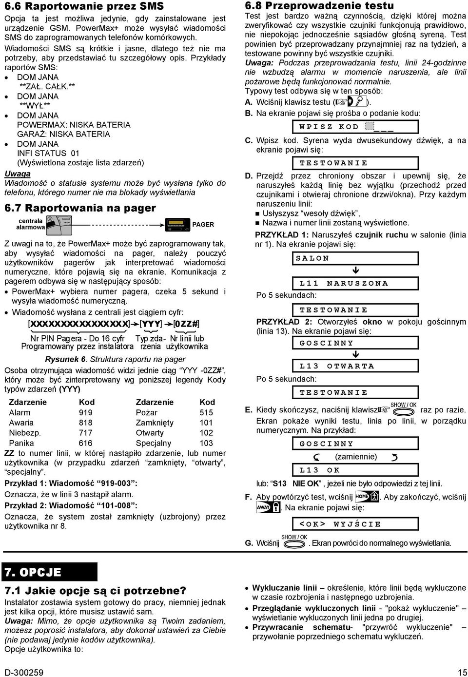 ** DOM JANA **WYŁ** DOM JANA POWERMAX: NISKA BATERIA GARAŻ: NISKA BATERIA DOM JANA INFI STATUS 01 (Wyświetlona zostaje lista zdarzeń) Uwaga Wiadomość o statusie systemu może być wysłana tylko do
