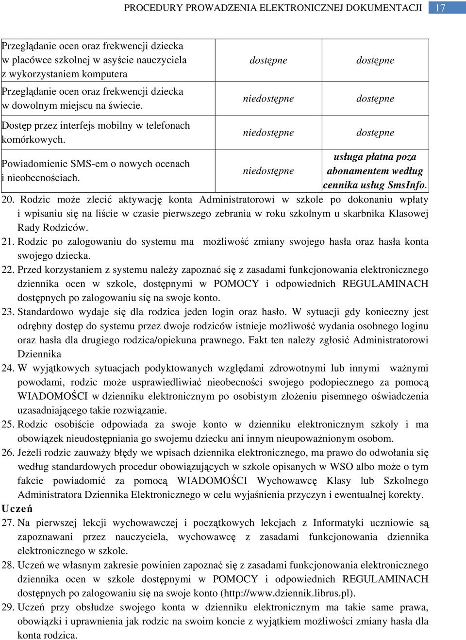 dostępne niedostępne niedostępne niedostępne dostępne dostępne dostępne usługa płatna poza abonamentem według cennika usług SmsInfo. 20.