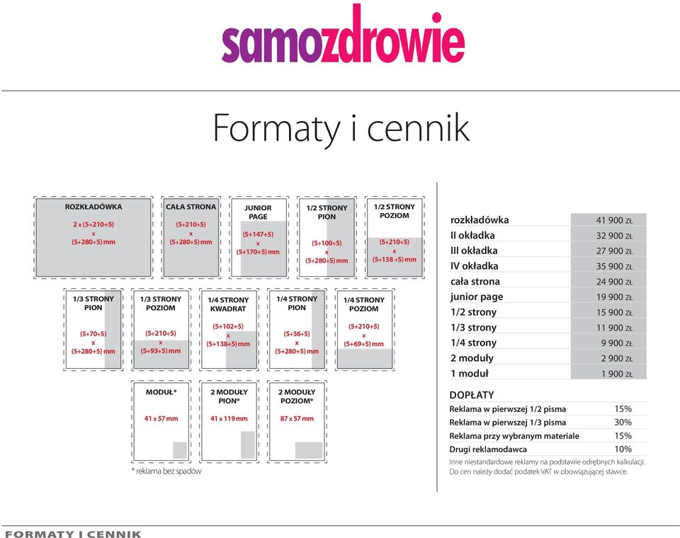 +5) mm rozkładówka 41 900 zł II okładka 32 900 zł III okładka 27 900 zł IV okładka 35 900 zł cała strona 24 900 zł junior page 19 900 zł 1/2 strony 15 900 zł 1/3 strony 11 900 zł 1/4 strony 9 900 zł