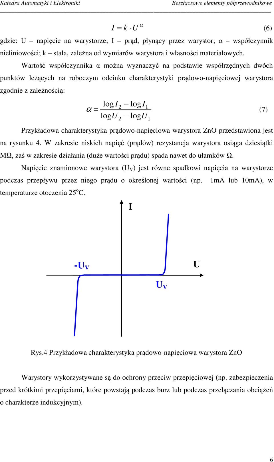 (7) 2 log I logu Przykładowa charakterystyka prądowo-napięciowa warystora ZnO przedstawiona jest na rysunku 4.