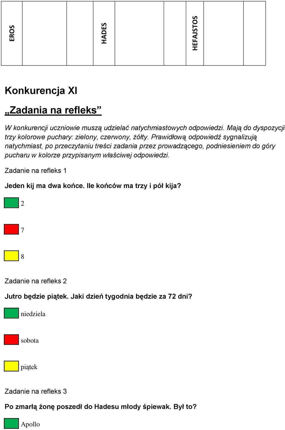 Prawidłową odpowiedź sygnalizują natychmiast, po przeczytaniu treści zadania przez prowadzącego, podniesieniem do góry pucharu w kolorze przypisanym