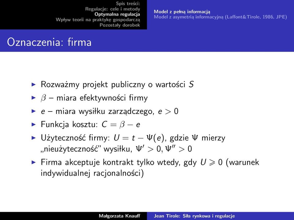 wysi lku zarzadczego, e > 0 Funkcja kosztu: C = β e Użyteczność firmy: U = t Ψ(e), gdzie Ψ mierzy