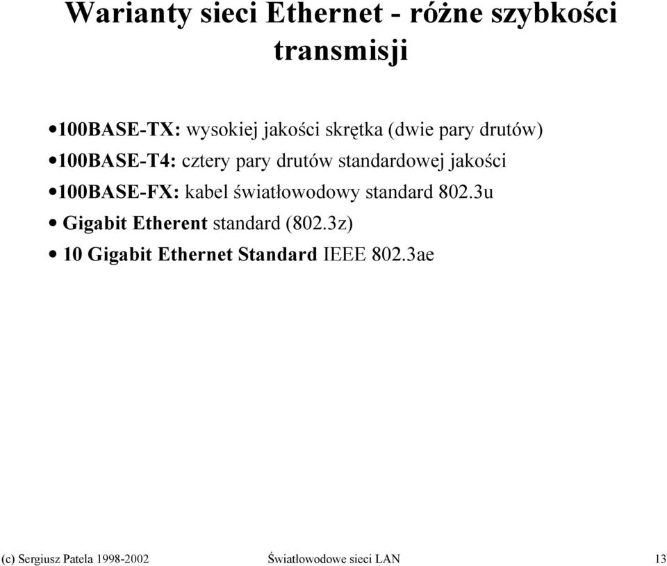 100BASE-FX: kabel światłowodowy standard 802.3u Gigabit Etherent standard (802.