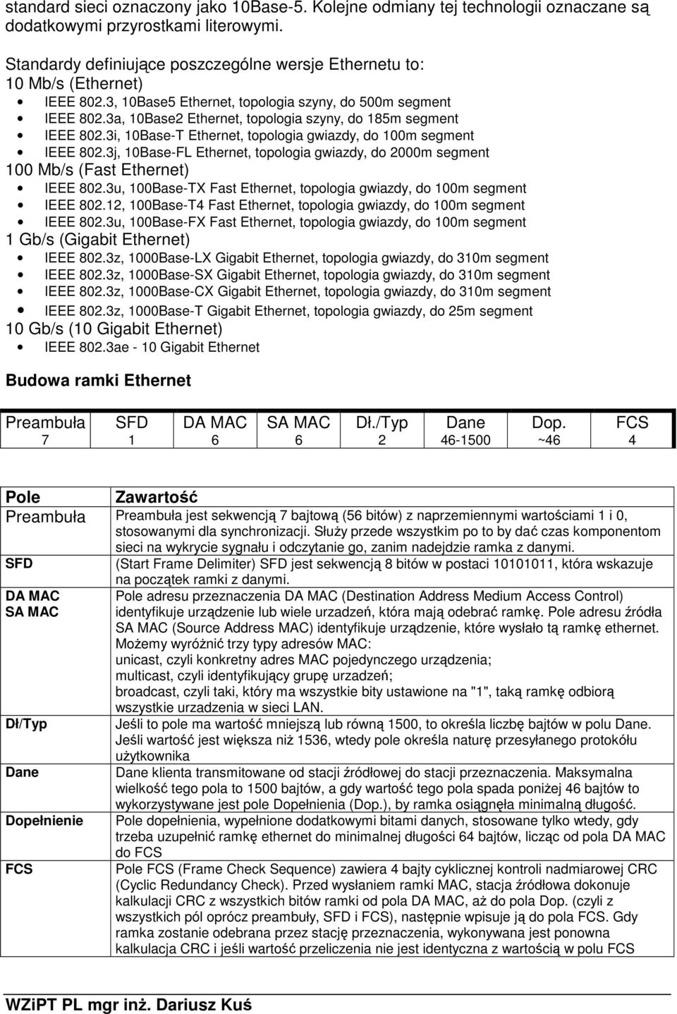 3a, 10Base2 Ethernet, topologia szyny, do 185m segment IEEE 802.3i, 10Base-T Ethernet, topologia gwiazdy, do 100m segment IEEE 802.