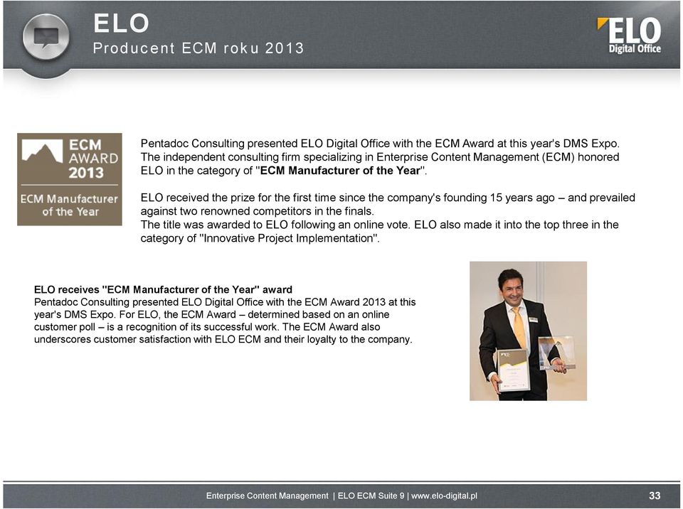 ELO received the prize for the first time since the company's founding 15 years ago and prevailed against two renowned competitors in the finals. The title was awarded to ELO following an online vote.