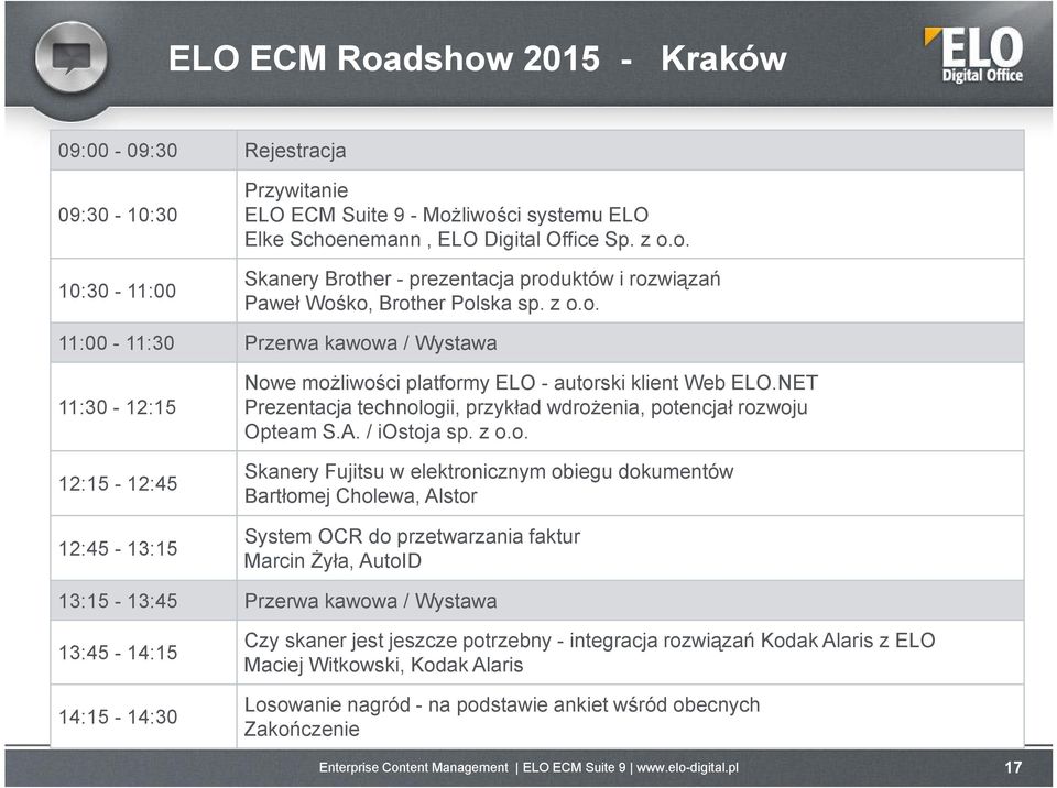 / iostoja sp. z o.o. 12:15-12:45 Skanery Fujitsu w elektronicznym obiegu dokumentów Bartłomej Cholewa, Alstor 12:45-13:15 System OCR do przetwarzania faktur Marcin Żyła, AutoID 13:15-13:45 Przerwa