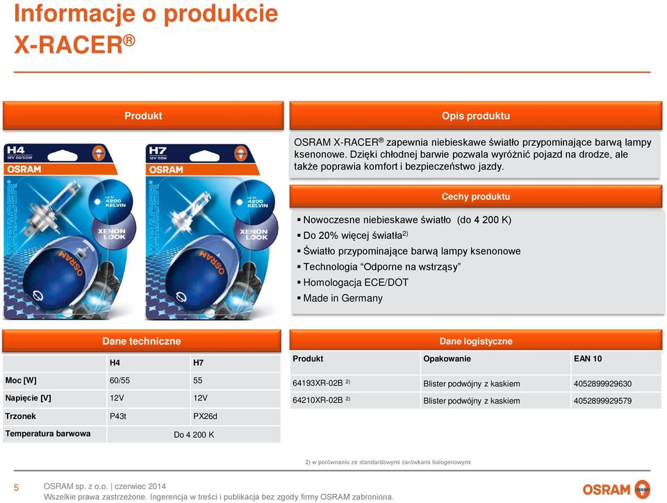 Cechy produktu Nowoczesne niebieskawe światło (do 4 200 K) Do 20% więcej światła 2) Światło przypominające barwą lampy ksenonowe Technologia Odporne na wstrząsy Homologacja ECE/DOT Made in