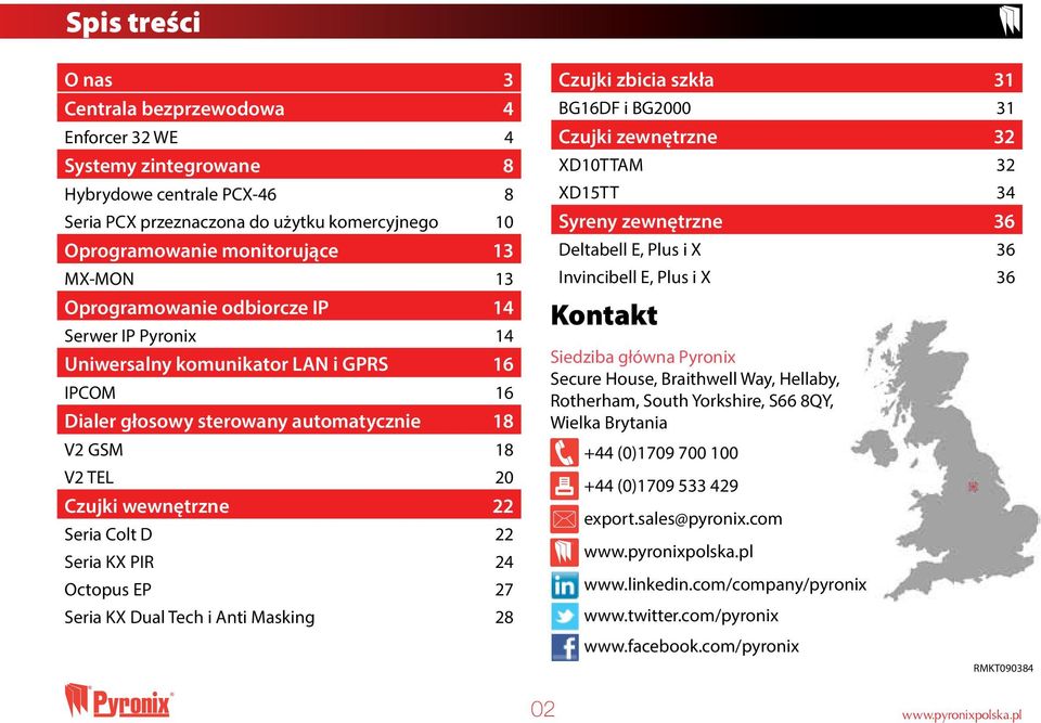 22 Seria KX PIR 24 Octopus EP 27 Seria KX Dual Tech i Anti Masking 28 Czujki zbicia szkła 31 BG16DF i BG2000 31 Czujki zewnętrzne 32 XD10TTAM 32 XD15TT 34 Syreny zewnętrzne 36 Deltabell E, Plus i X