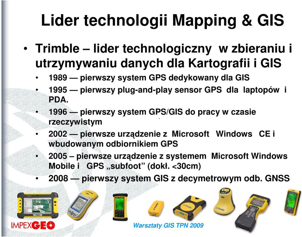 1996 pierwszy system GPS/GIS do pracy w czasie rzeczywistym 2002 pierwsze urządzenie z Microsoft Windows CE i wbudowanym