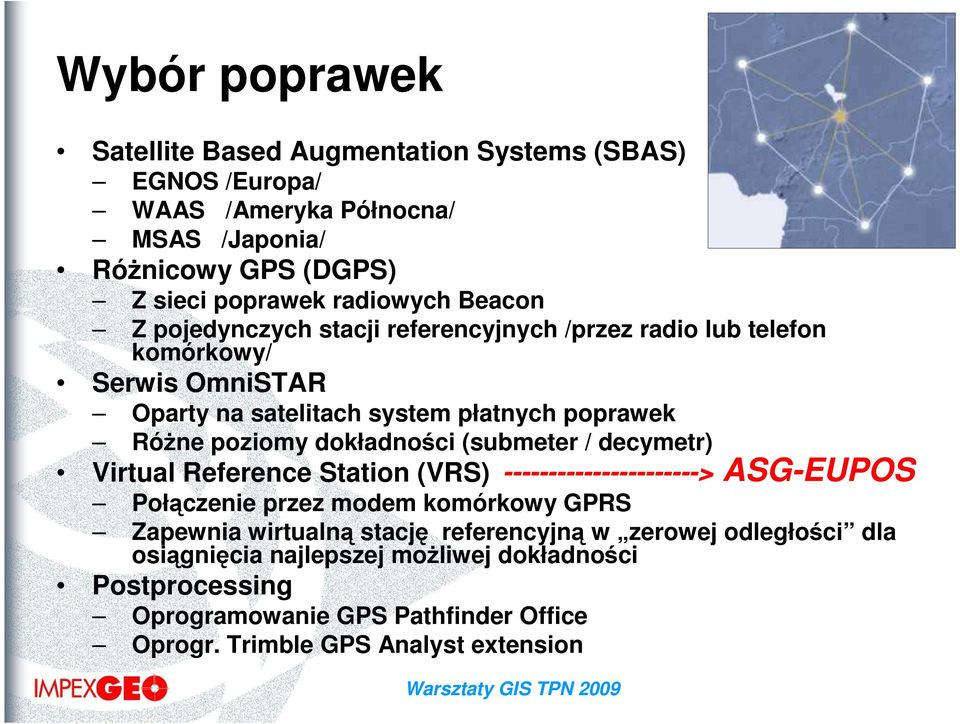 dokładności (submeter / decymetr) Virtual Reference Station (VRS) ----------------------> ASG-EUPOS Połączenie przez modem komórkowy GPRS Zapewnia wirtualną