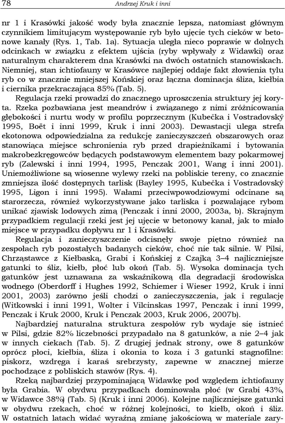 Niemniej, stan ichtiofauny w Krasówce najlepiej oddaje fakt złowienia tylu ryb co w znacznie mniejszej Końskiej oraz łączna dominacja śliza, kiełbia i ciernika przekraczająca 85% (Tab. 5).