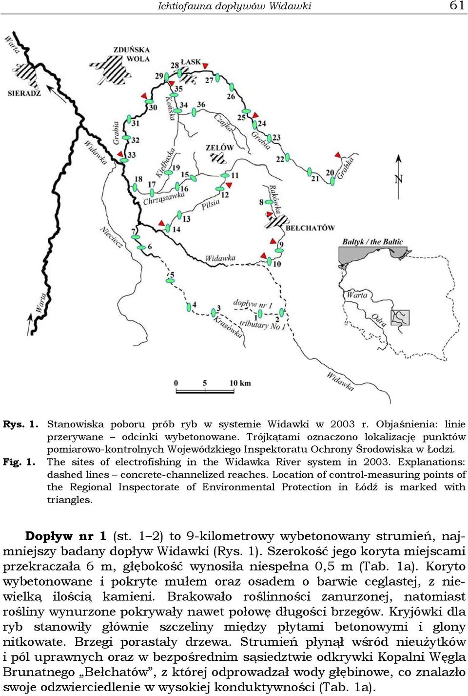 Explanations: dashed lines concrete-channelized reaches. Location of control-measuring points of the Regional Inspectorate of Environmental Protection in Łódź is marked with triangles.