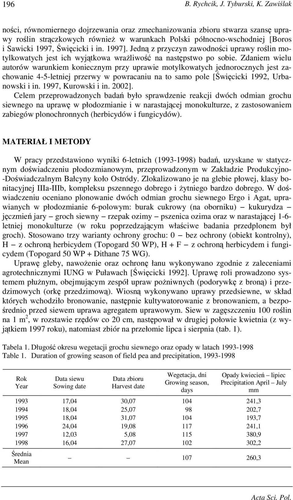 1997]. Jedną z przyczyn zawodności uprawy roślin motylkowatych jest ich wyjątkowa wraŝliwość na następstwo po sobie.