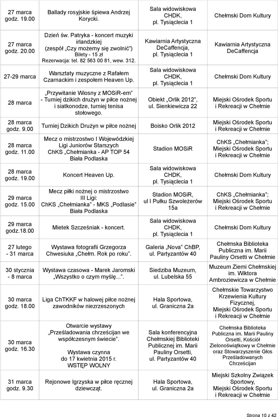 Patryka - koncert muzyki irlandzkiej (zespół Czy możemy się zwolnić ) Bilety - 15 zł Rezerwacja: tel. 82 563 00 81, wew. 312. Warsztaty muzyczne z Rafałem Czarnackim i zespołem Heaven Up.