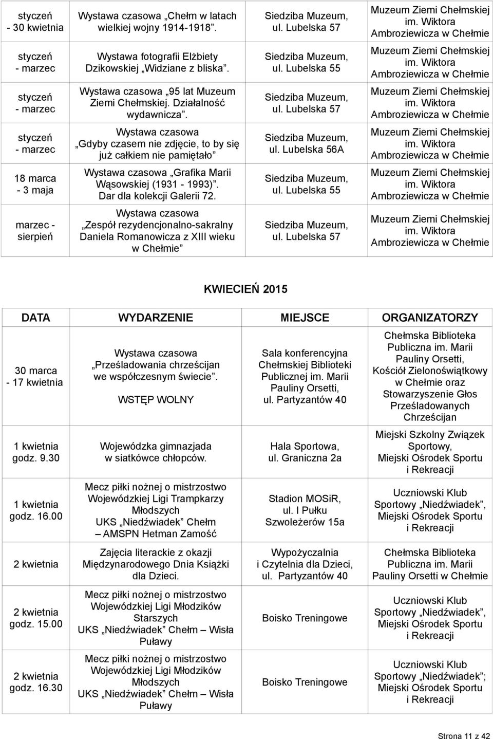 Lubelska 57 styczeń - marzec Wystawa czasowa Gdyby czasem nie zdjęcie, to by się już całkiem nie pamiętało ul. Lubelska 56A 18 marca - 3 maja Wystawa czasowa Grafika Marii Wąsowskiej (1931-1993).