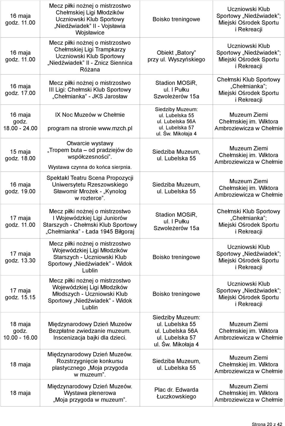 00 III Ligi: Chełmski Klub Sportowy Chełmianka - JKS Jarosław Chełmski Klub Sportowy Chełmianka ; 16 maja 18.00-24.00 IX Noc Muzeów program na stronie www.mzch.pl Siedziby Muzeum: ul. Lubelska 56A ul.