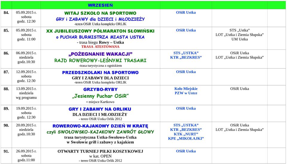 13.09.2015 r. GRZYBO-RYBY Jesienny Puchar OSiR - miejsce Kartkowo Koło Miejskie PZW w Ustce 89. 19.09.2015 r. GRY I ZABAWY NA ORLIKU DLA DZIECI I MŁODZIEŻY - teren Orlik 2012 90. 20.09.2015 r. godz.