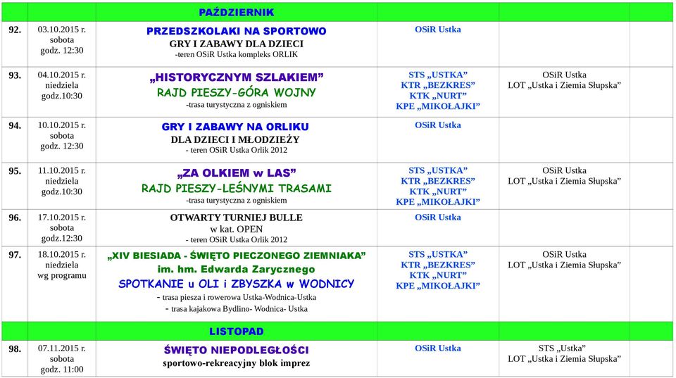 10:30 ZA OLKIEM w LAS RAJD PIESZY-LEŚNYMI TRASAMI -trasa turystyczna z ogniskiem 96. 17.10.2015 r. godz.12:30 OTWARTY TURNIEJ BULLE - teren Orlik 2012 97. 18.10.2015 r. XIV BIESIADA - ŚWIĘTO PIECZONEGO ZIEMNIAKA im.
