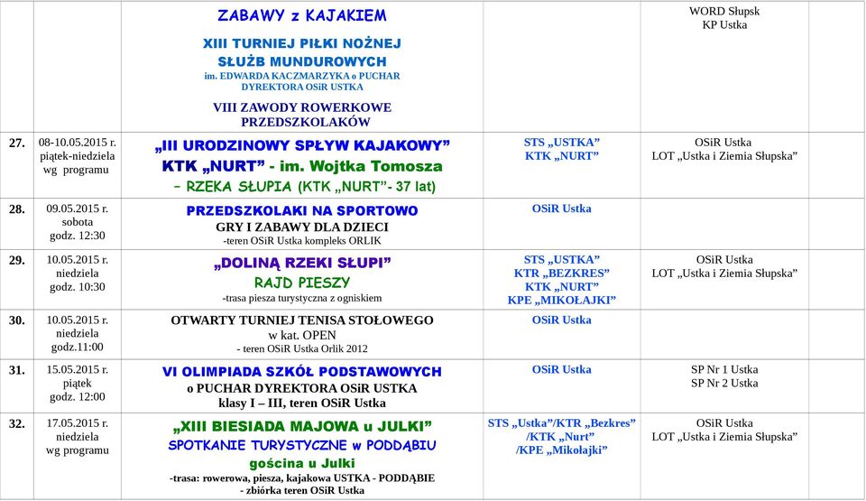 10.05.2015 r. OTWARTY TURNIEJ TENISA STOŁOWEGO - teren Orlik 2012 31. 15.05.2015 r. piątek godz.