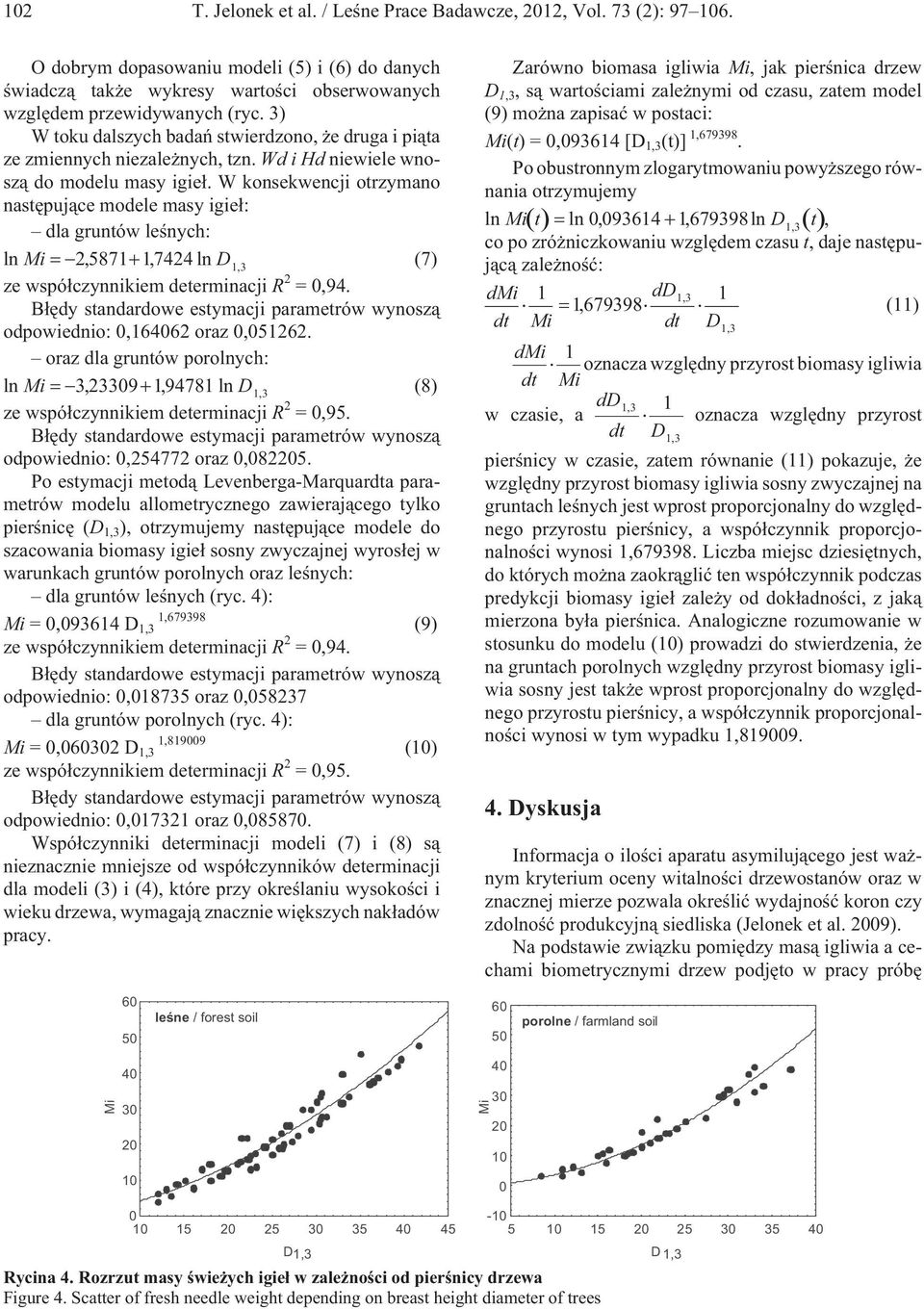W konsekwencji otrzymano nastêpuj¹ce modele masy igie³: dla gruntów leœnych: ln = 2, 5871+ 17424, ln D13, (7) ze wspó³czynnikiem determinacji R 2 =,94. odpowiednio:,16462 oraz,51262.