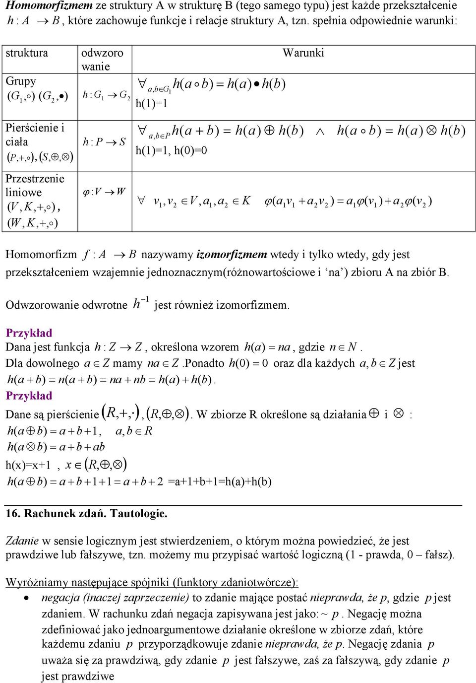 W, K, +, o) h : P S ϕ :V W h a, b P ( a+ = h( a) h( h( ao = h( a) h( h()=, h(0)=0 v, v V, a a K ϕ a v + a v ) = aϕ( v ) + a ϕ( ), ( v Homomorfizm f : A B nazwam izomorfizmem wted i tlko wted, gd jest