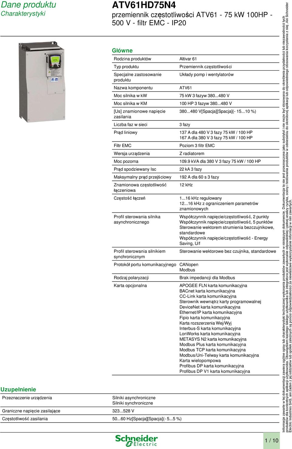 Wersja urządzenia Moc pozorna Prąd spodziewany Isc Maksymalny prąd przejściowy Znamionowa częstotliwość łączeniowa Częstość łączeń Profil sterowania silnika asynchronicznego Profil sterowania