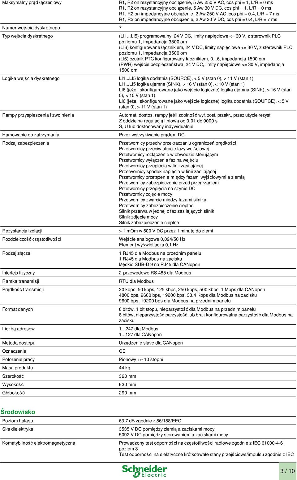 ..LI5) programowalny, 24 V DC, limity napięciowe <= 30 V, z sterownik PLC poziomu 1, impedancja 3500 om (LI6) konfigurowane łącznikiem, 24 V DC, limity napięciowe <= 30 V, z sterownik PLC poziomu 1,