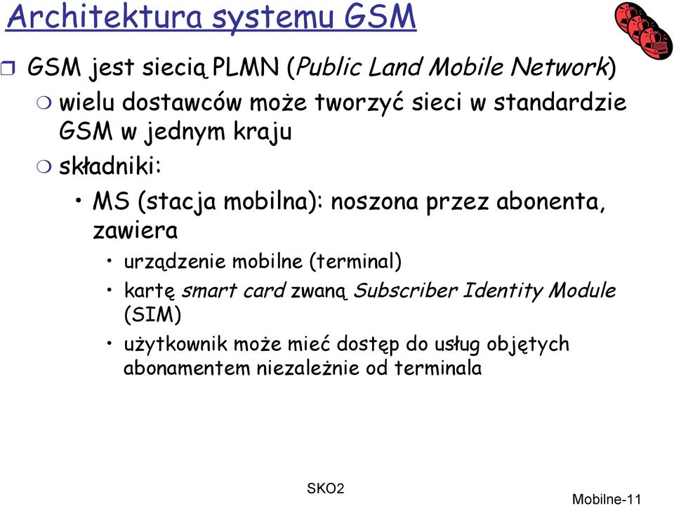 abonenta, zawiera urządzenie mobilne (terminal) kartę smart card zwaną Subscriber Identity