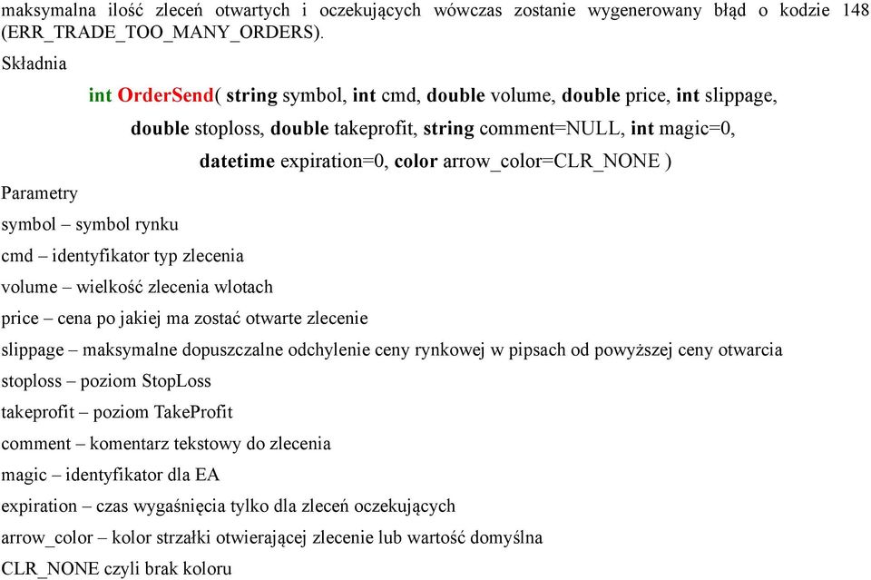 int magic=0, volume wielkość zlecenia wlotach price cena po jakiej ma zostać otwarte zlecenie datetime expiration=0, color arrow_color=clr_none ) slippage maksymalne dopuszczalne odchylenie ceny