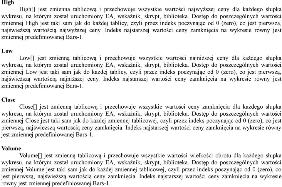 Indeks najstarszej wartości ceny zamknięcia na wykresie równy jest zmiennej predefiniowanej Bars-1.