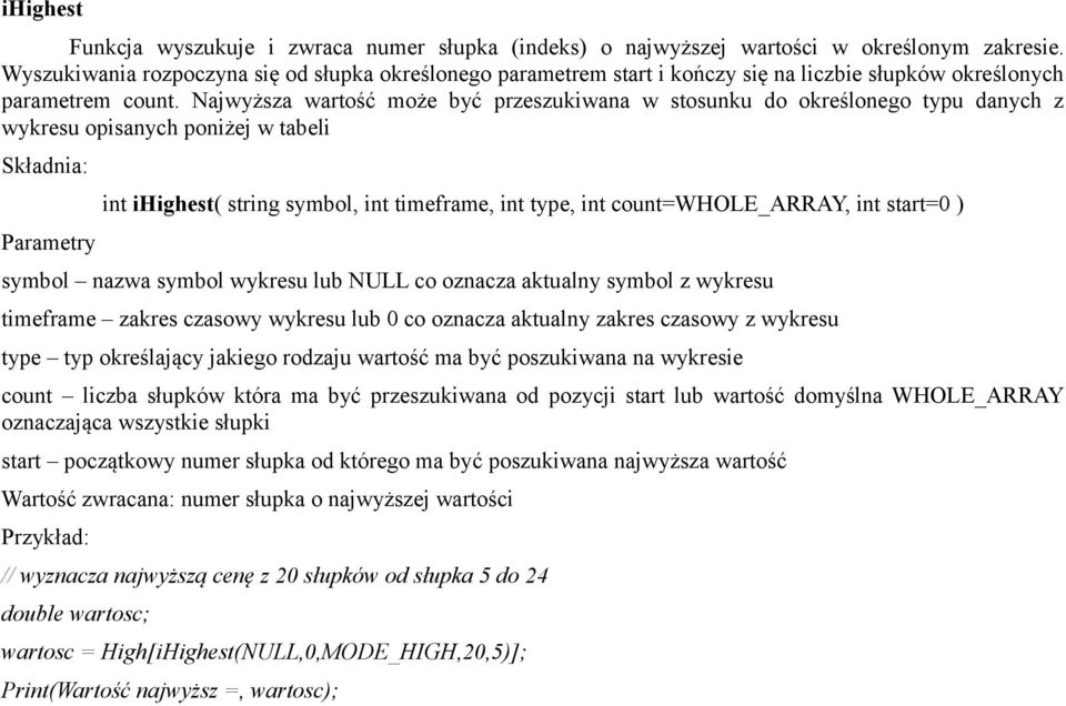 Najwyższa wartość może być przeszukiwana w stosunku do określonego typu danych z wykresu opisanych poniżej w tabeli : Parametry int ihighest( string symbol, int timeframe, int type, int