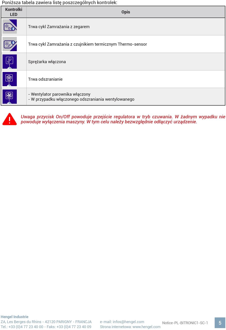 włączonego odszraniania wentylowanego Uwaga przycisk On/Off powoduje przejście regulatora w tryb czuwania.