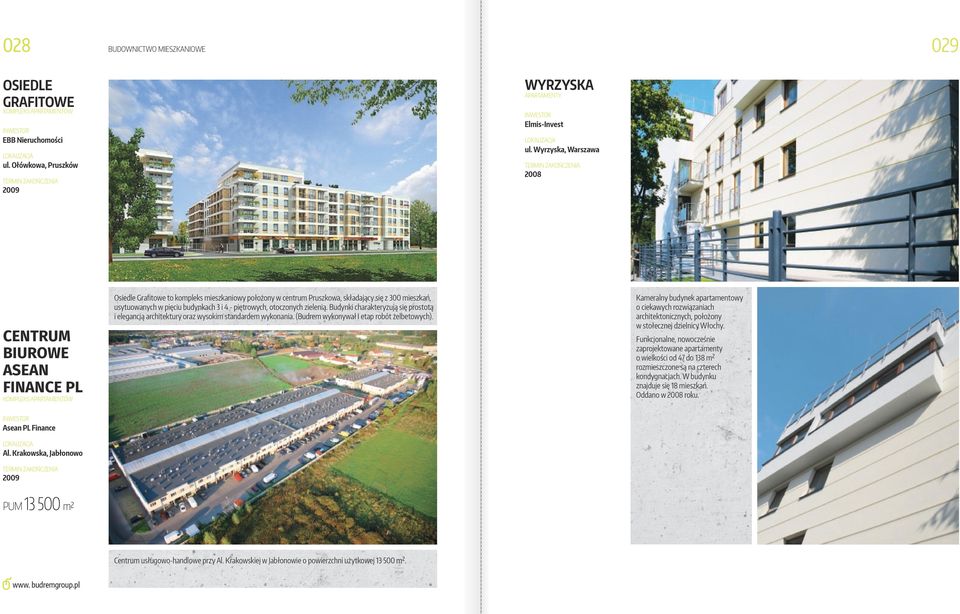 pięciu budynkach 3 i 4 - piętrowych, otoczonych zielenią. Budynki charakteryzują się prostotą i elegancją architektury oraz wysokim standardem wykonania. (Budrem wykonywał I etap robót żelbetowych).