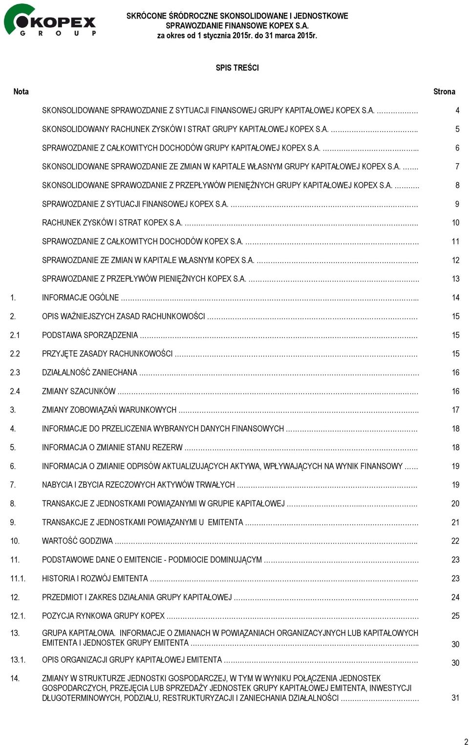 A. 9 RACHUNEK ZYSKÓW I STRAT KOPEX S.A... 10 SPRAWOZDANIE Z CAŁKOWITYCH DOCHODÓW KOPEX S.A. 11 SPRAWOZDANIE ZE ZMIAN W KAPITALE WŁASNYM KOPEX S.A.. 12 SPRAWOZDANIE Z PRZEPŁYWÓW PIENIĘŻNYCH KOPEX S.A... 13 1.