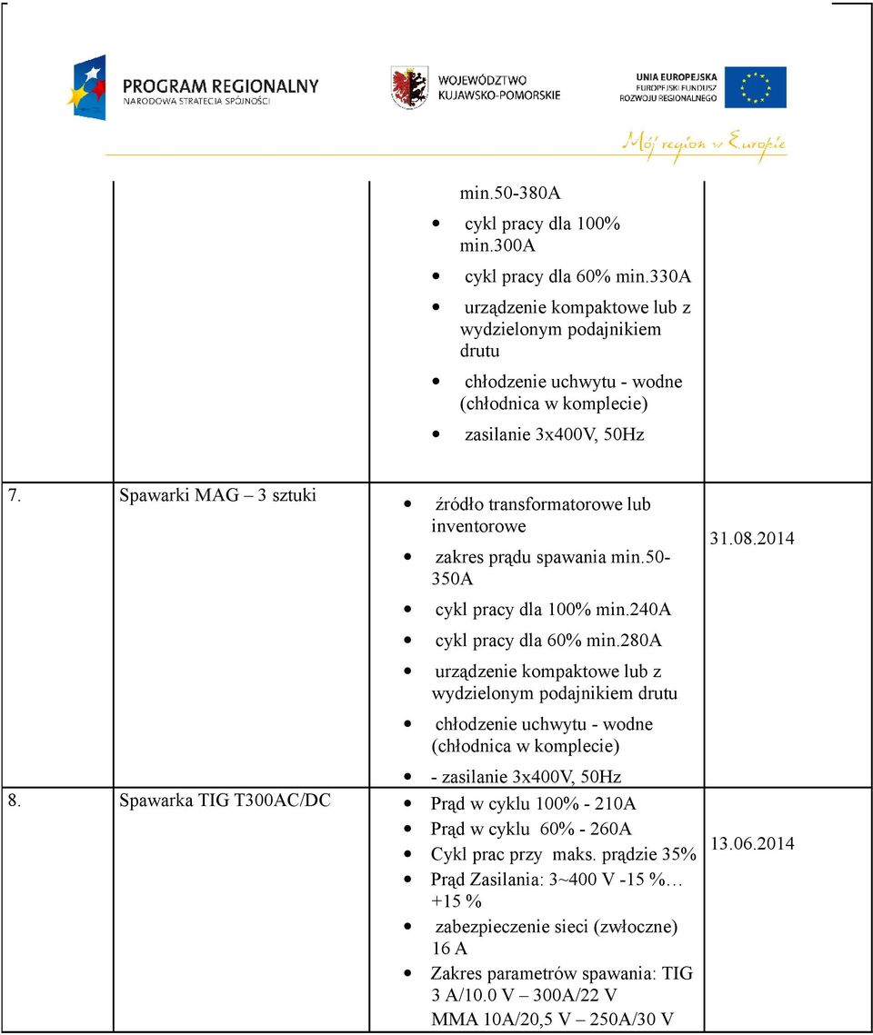 Spawarki MAG 3 sztuki źródło transformatorowe lub inventorowe zakres prądu spawania min.50-350a cykl pracy dla 100% min.240a cykl pracy dla 60% min.