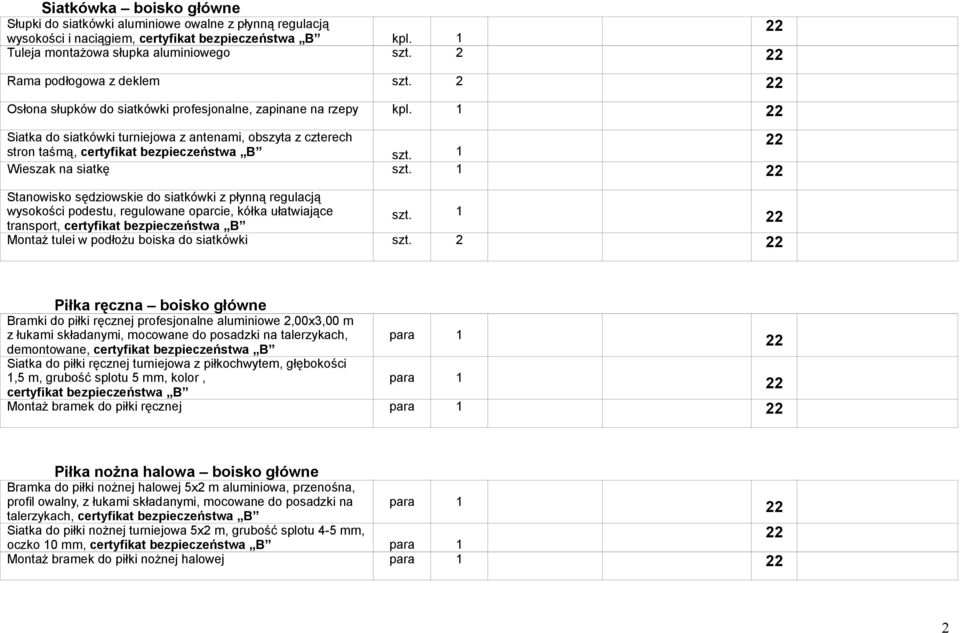 1 Stanowisko sędziowskie do siatkówki z płynną regulacją wysokości podestu, regulowane oparcie, kółka ułatwiające szt. 1 transport, Montaż tulei w podłożu boiska do siatkówki szt.