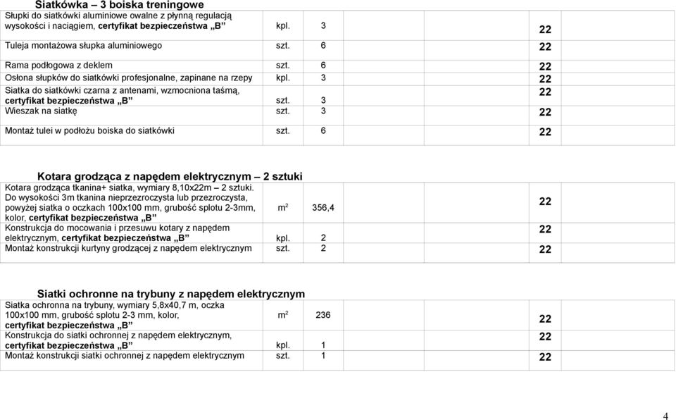 3 Montaż tulei w podłożu boiska do siatkówki szt. 6 Kotara grodząca z napędem elektrycznym 2 sztuki Kotara grodząca tkanina+ siatka, wymiary 8,10xm 2 sztuki.