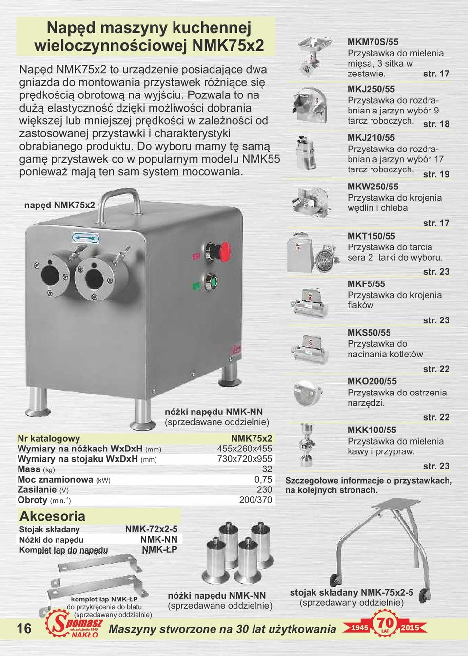 Do wyboru mamy tę samą gamę przystawek co w popularnym modelu NMK55 ponieważ mają ten sam system mocowania.