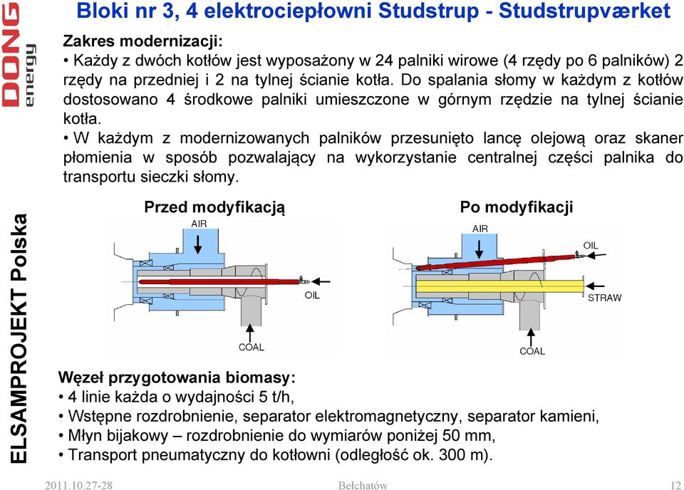 W każdym z modernizowanych palników przesunięto lancę olejową oraz skaner płomienia w sposób pozwalający na wykorzystanie centralnej części palnika do transportu sieczki słomy.