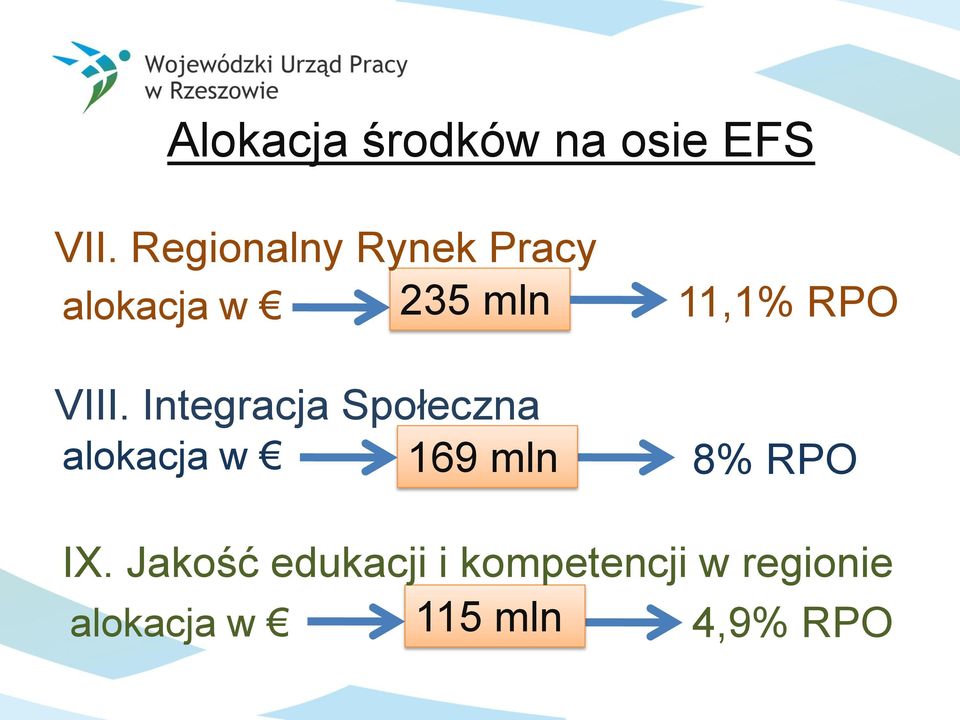 VIII. Integracja Społeczna alokacja w 169 mln 8% RPO