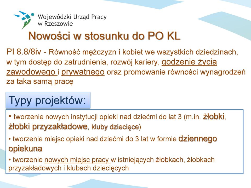 i prywatnego oraz promowanie równości wynagrodzeń za taka samą pracę Typy projektów: tworzenie nowych instytucji opieki nad dziećmi