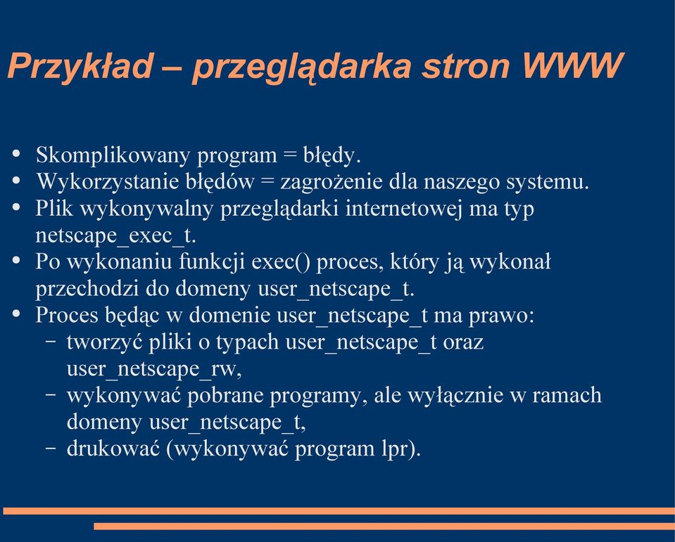 Po wykonaniu funkcji exec() proces, który ją wykonał przechodzi do domeny user_netscape_t.