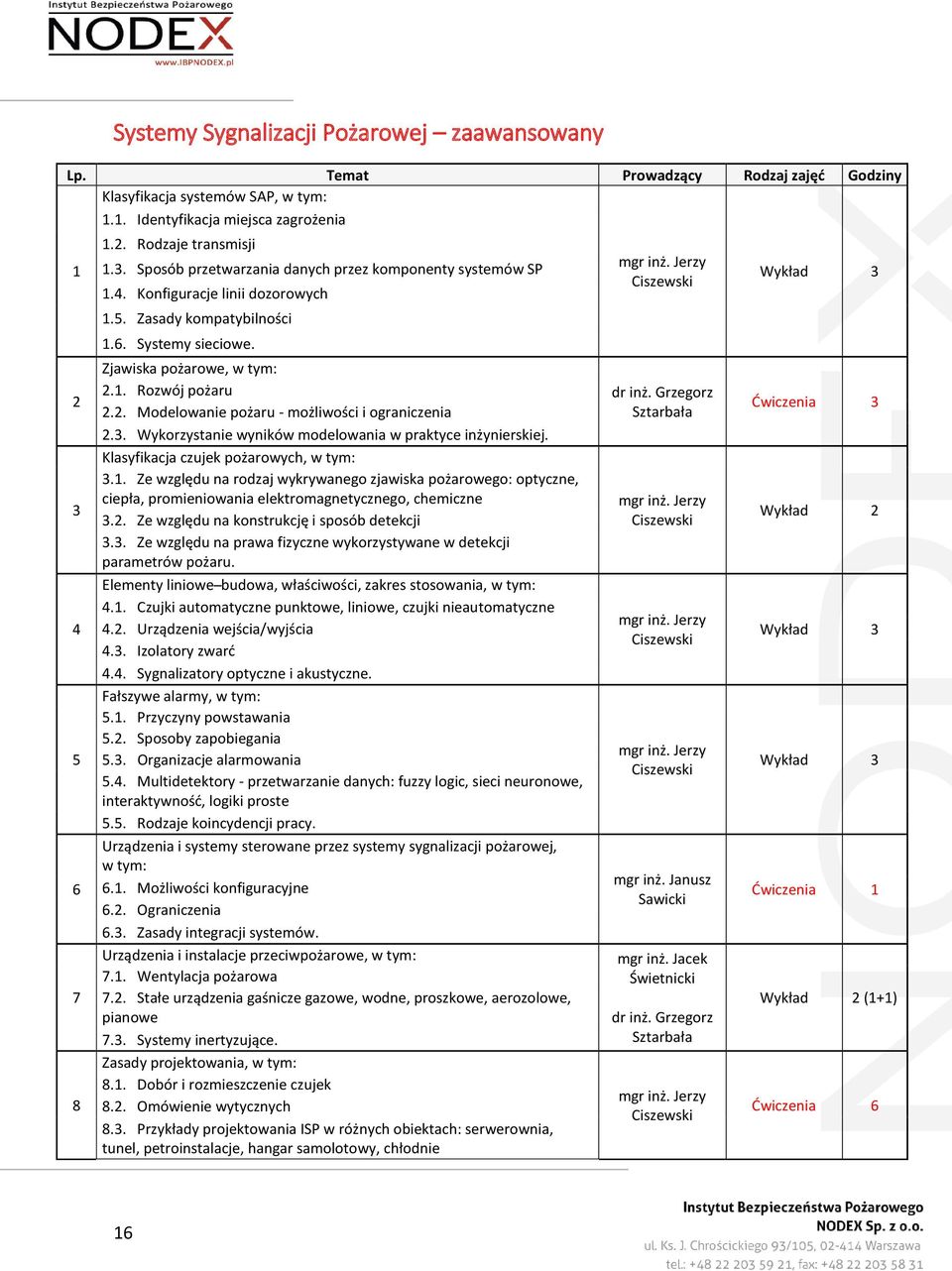1. Rozwój pożaru 2.2. Modelowanie pożaru - możliwości i ograniczenia 2.3. Wykorzystanie wyników modelowania w praktyce inżynierskiej. Klasyfikacja czujek pożarowych, w tym: 3.1. Ze względu na rodzaj wykrywanego zjawiska pożarowego: optyczne, ciepła, promieniowania elektromagnetycznego, chemiczne 3.